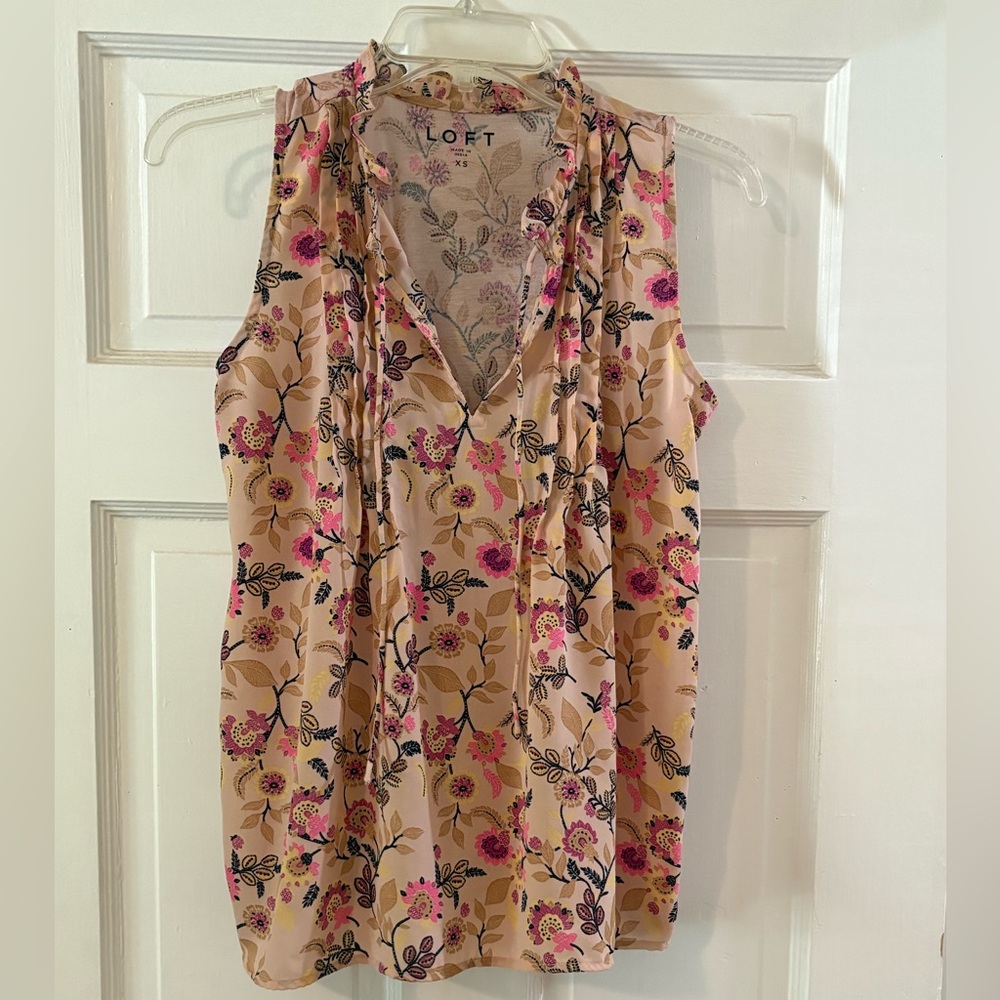 LOFT Floral V-Neck Blouse - Pink and Cream